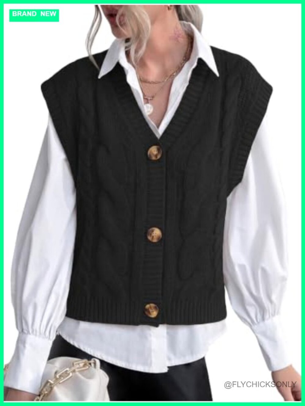 Sleeveless Button Down Cable Knit Sweater Vest Chunky Knit Cardigan